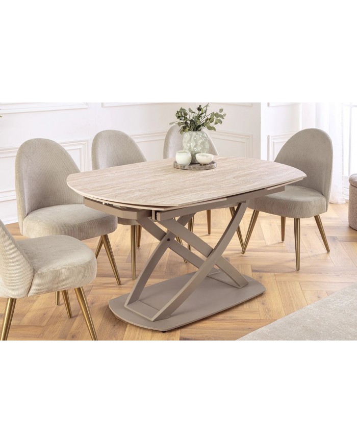 Table à manger extensible ovale EXTENSIO 130-190 cm – Plateau céramique aspect travertin et support couleur champagne design