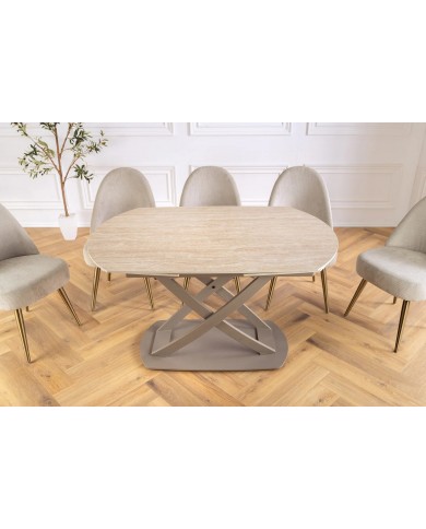 Table à manger extensible ovale EXTENSIO 130-190 cm – Plateau céramique aspect travertin et support couleur champagne design