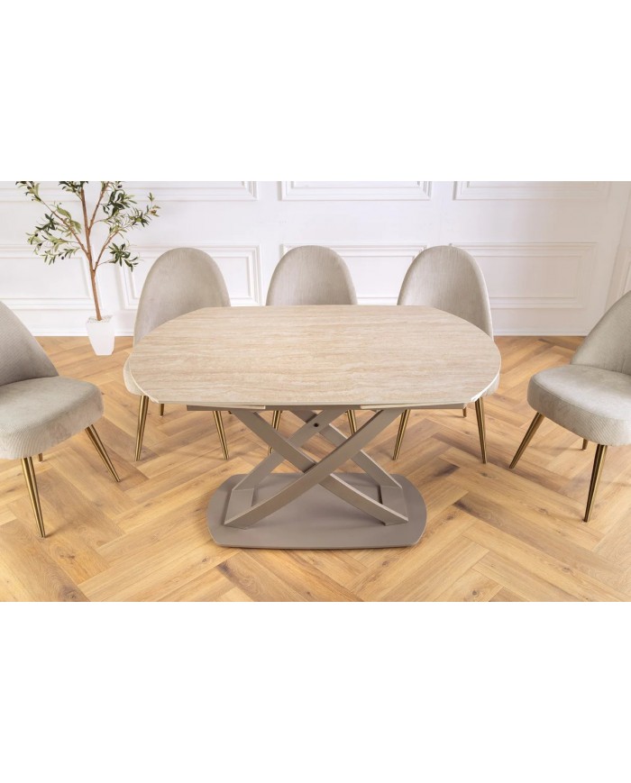 Table à manger extensible ovale EXTENSIO 130-190 cm – Plateau céramique aspect travertin et support couleur champagne design