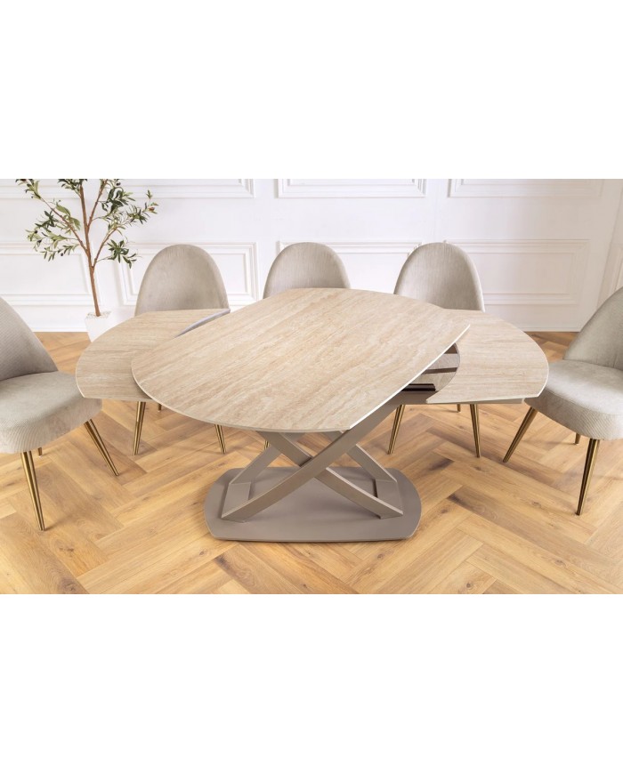 Table à manger extensible ovale EXTENSIO 130-190 cm – Plateau céramique aspect travertin et support couleur champagne design