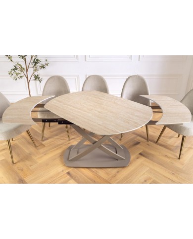 Table à manger extensible ovale EXTENSIO 130-190 cm – Plateau céramique aspect travertin et support couleur champagne design