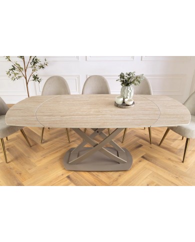 Table à manger extensible ovale EXTENSIO 130-190 cm – Plateau céramique aspect travertin et support couleur champagne design