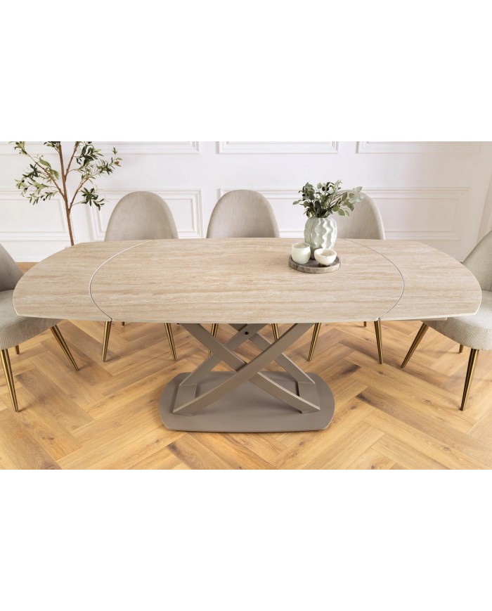 Table à manger extensible ovale EXTENSIO 130-190 cm – Plateau céramique aspect travertin et support couleur champagne design
