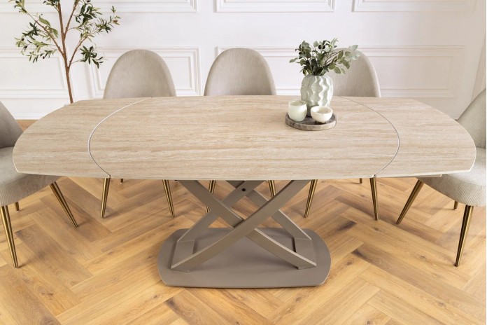 Table à manger extensible ovale EXTENSIO 130-190 cm – Plateau céramique aspect travertin et support couleur champagne design