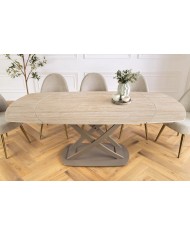 Table à manger extensible ovale EXTENSIO 130-190 cm – Plateau céramique aspect travertin et support couleur champagne design