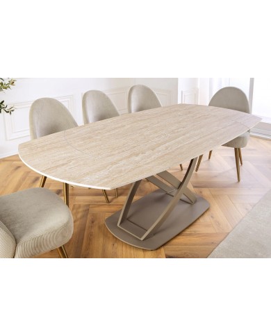 Table à manger extensible ovale EXTENSIO 130-190 cm – Plateau céramique aspect travertin et support couleur champagne design