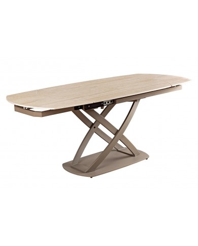 Table à manger extensible ovale EXTENSIO 130-190 cm – Plateau céramique aspect travertin et support couleur champagne design