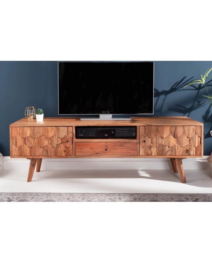 Meuble TV 2 portes et 1 tiroirs bois massif d'acacia 140 cm RUSTIC RYTHM