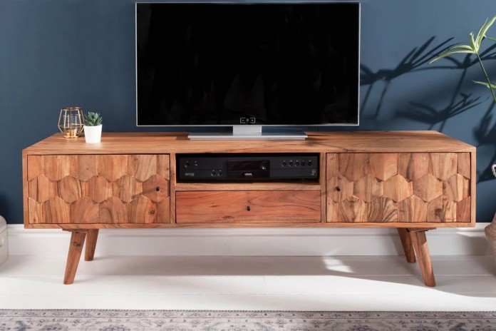 Meuble TV 2 portes et 1 tiroirs bois massif d'acacia 140 cm RUSTIC RYTHM