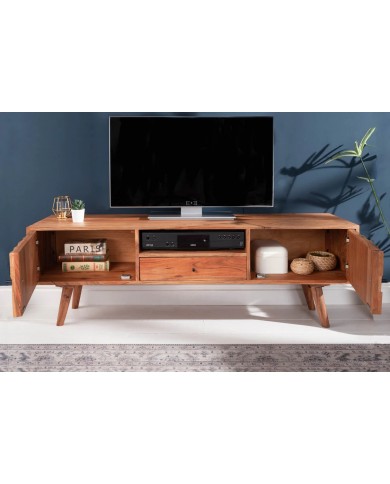 Meuble TV 2 portes et 1 tiroirs bois massif d'acacia 140 cm RUSTIC RYTHM
