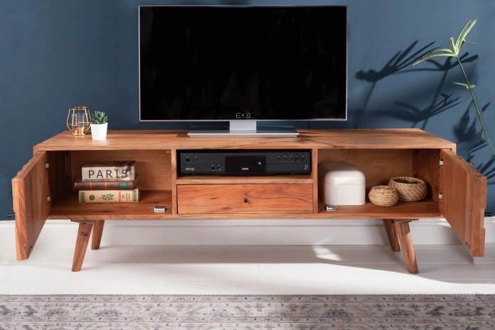 Meuble TV 2 portes et 1 tiroirs bois massif d'acacia 140 cm RUSTIC RYTHM