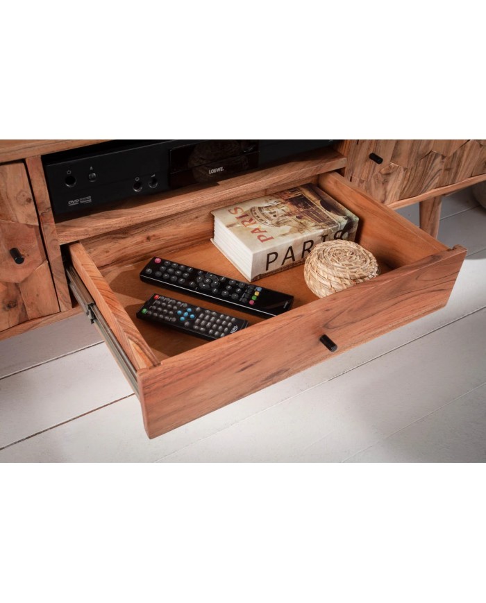 Meuble TV 2 portes et 1 tiroirs bois massif d'acacia 140 cm RUSTIC RYTHM