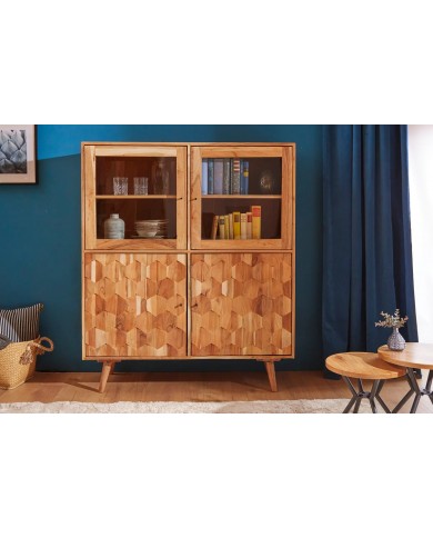 Buffet vitrine 4 portes 140 cm en bois massif d’acacia naturel RUSTIC RYTHM
