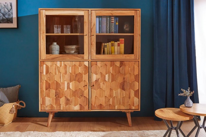 Buffet vitrine 4 portes 140 cm en bois massif d’acacia naturel RUSTIC RYTHM