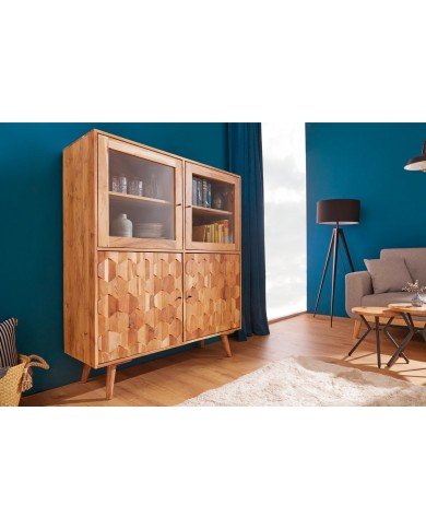 Buffet vitrine 4 portes 140 cm en bois massif d’acacia naturel RUSTIC RYTHM