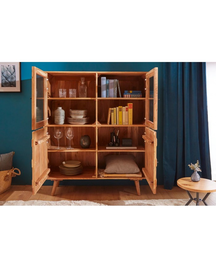 Buffet vitrine 4 portes 140 cm en bois massif d’acacia naturel RUSTIC RYTHM