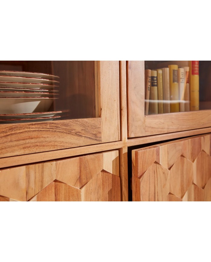 Buffet vitrine 4 portes 140 cm en bois massif d’acacia naturel RUSTIC RYTHM