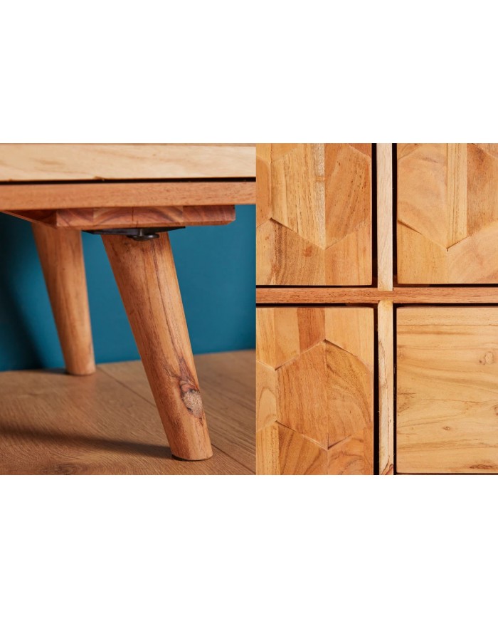 Buffet vitrine 4 portes 140 cm en bois massif d’acacia naturel RUSTIC RYTHM