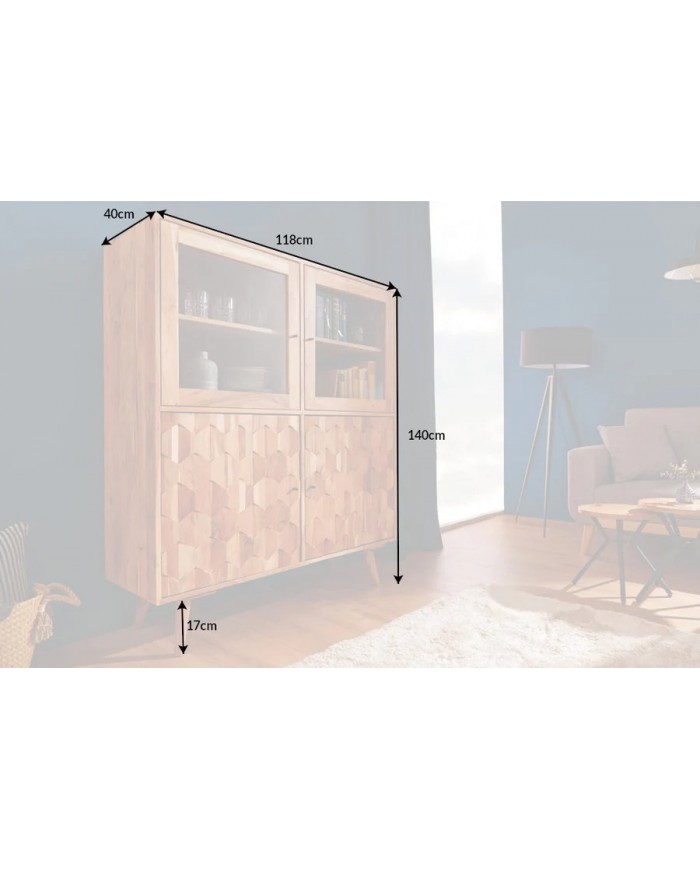 Buffet vitrine 4 portes 140 cm en bois massif d’acacia naturel RUSTIC RYTHM
