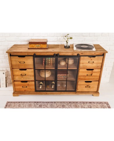 Buffet bas 6 tiroirs avec portes coulissantes vitrées en bois de pin massif 150 cm RUSTIKA