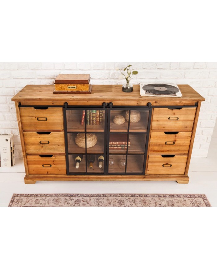 Buffet bas 6 tiroirs avec portes coulissantes vitrées en bois de pin massif 150 cm RUSTIKA