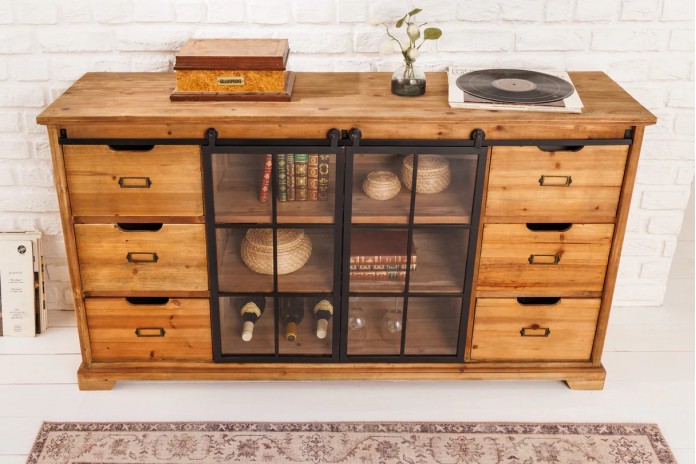 Buffet bas 6 tiroirs avec portes coulissantes vitrées en bois de pin massif 150 cm RUSTIKA