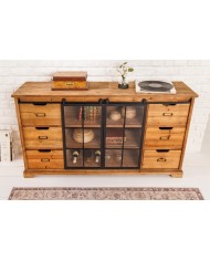 Buffet bas 6 tiroirs avec portes coulissantes vitrées en bois de pin massif 150 cm RUSTIKA