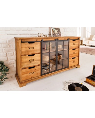 Buffet bas 6 tiroirs avec portes coulissantes vitrées en bois de pin massif 150 cm RUSTIKA