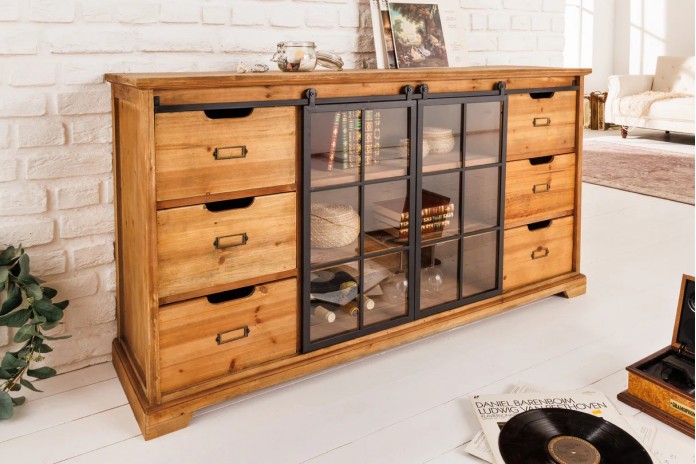 Buffet bas 6 tiroirs avec portes coulissantes vitrées en bois de pin massif 150 cm RUSTIKA