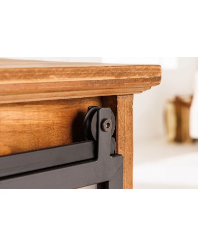 Buffet bas 6 tiroirs avec portes coulissantes vitrées en bois de pin massif 150 cm RUSTIKA