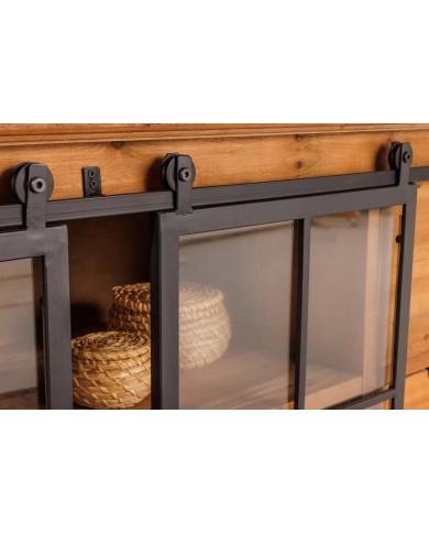 Buffet bas 6 tiroirs avec portes coulissantes vitrées en bois de pin massif 150 cm RUSTIKA