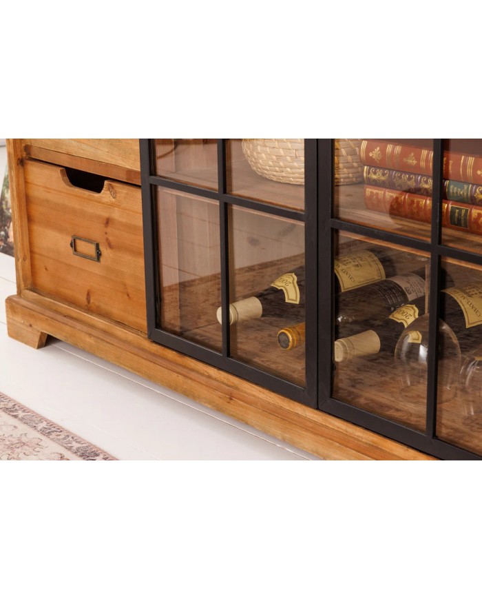 Buffet bas 6 tiroirs avec portes coulissantes vitrées en bois de pin massif 150 cm RUSTIKA