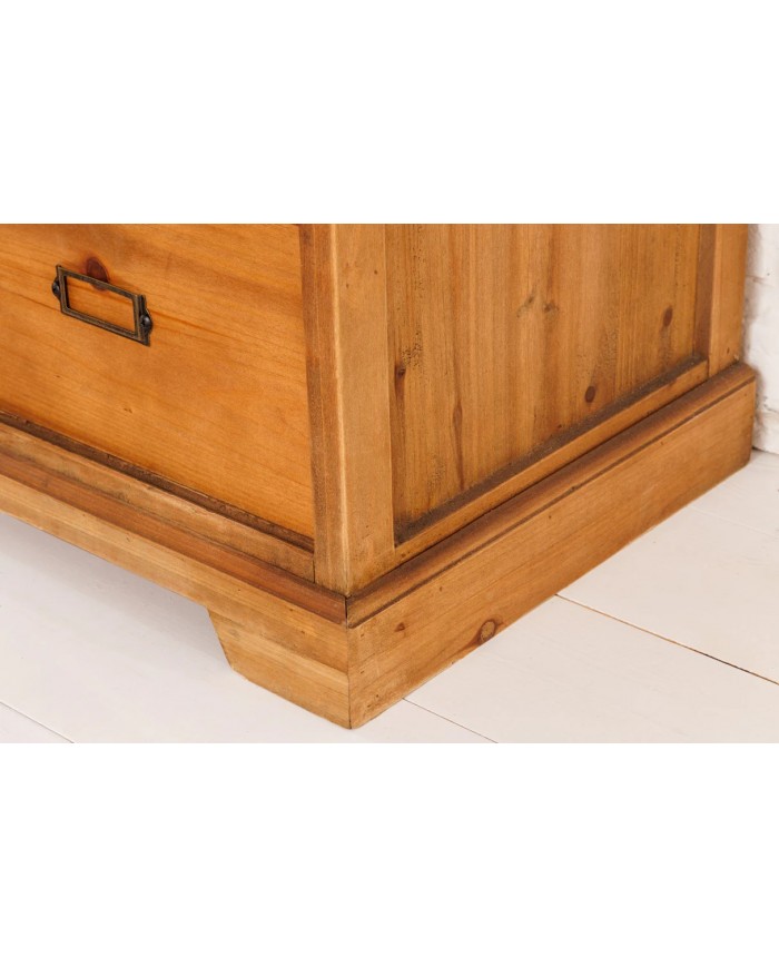Buffet bas 6 tiroirs avec portes coulissantes vitrées en bois de pin massif 150 cm RUSTIKA