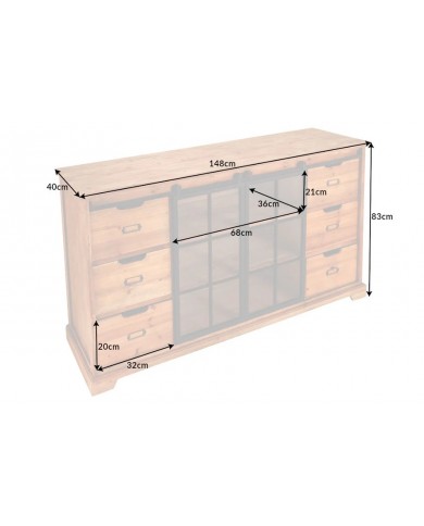 Buffet bas 6 tiroirs avec portes coulissantes vitrées en bois de pin massif 150 cm RUSTIKA