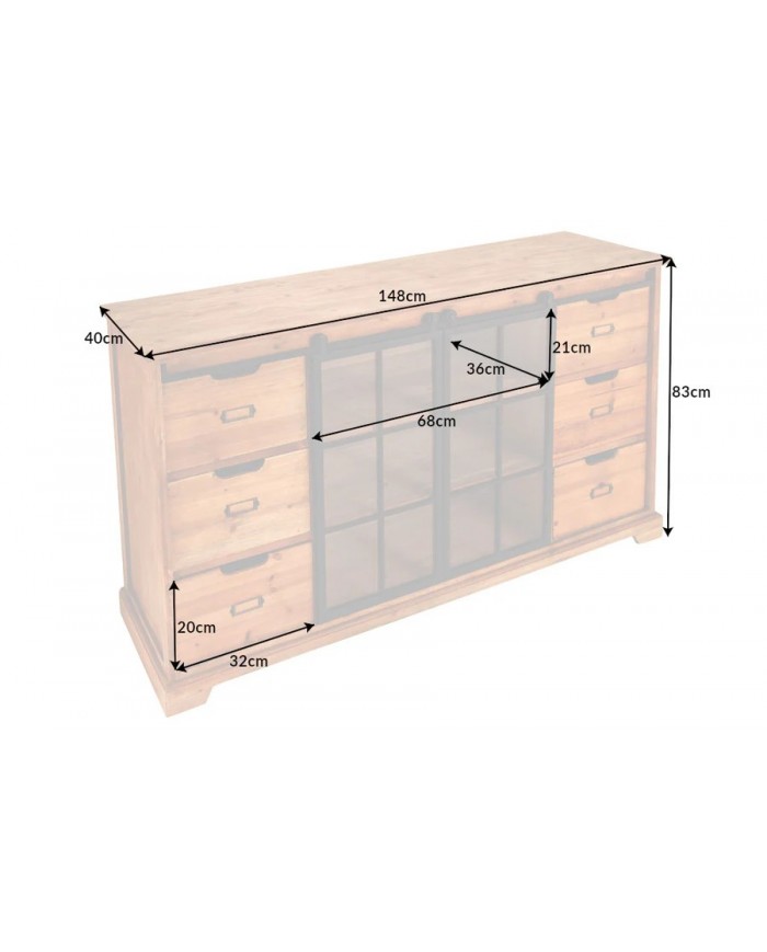 Buffet bas 6 tiroirs avec portes coulissantes vitrées en bois de pin massif 150 cm RUSTIKA