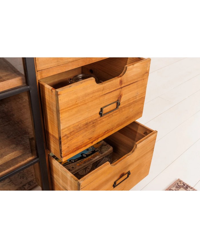 Buffet bas 6 tiroirs avec portes coulissantes vitrées en bois de pin massif 150 cm RUSTIKA