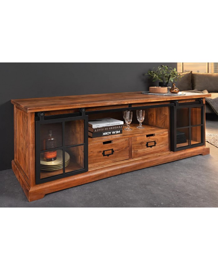 Meuble TV 2 tiroirs avec portes coulissantes métal noir et bois d'acacia marron 160 cm RUSTIKA