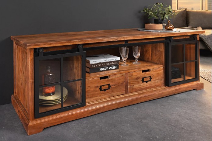 Meuble TV 2 tiroirs avec portes coulissantes métal noir et bois d'acacia marron 160 cm RUSTIKA