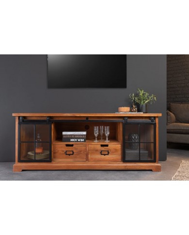 Meuble TV 2 tiroirs avec portes coulissantes métal noir et bois d'acacia marron 160 cm RUSTIKA