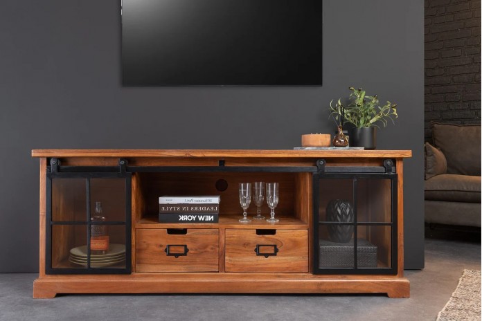 Meuble TV 2 tiroirs avec portes coulissantes métal noir et bois d'acacia marron 160 cm RUSTIKA