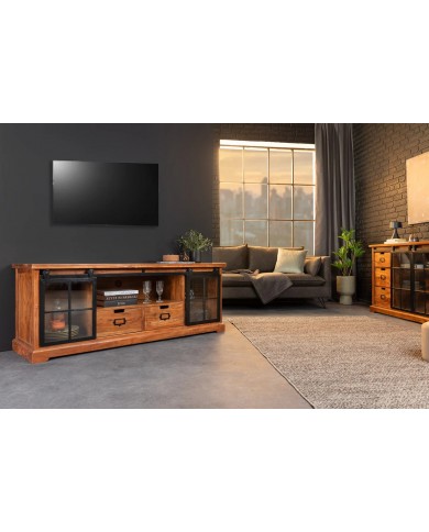 Meuble TV 2 tiroirs avec portes coulissantes métal noir et bois d'acacia marron 160 cm RUSTIKA
