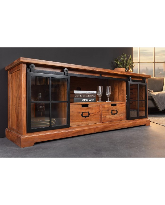 Meuble TV 2 tiroirs avec portes coulissantes métal noir et bois d'acacia marron 160 cm RUSTIKA