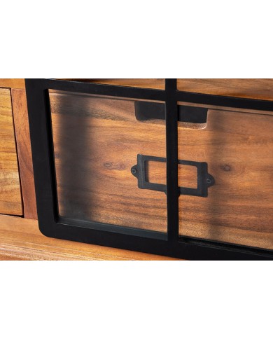 Meuble TV 2 tiroirs avec portes coulissantes métal noir et bois d'acacia marron 160 cm RUSTIKA