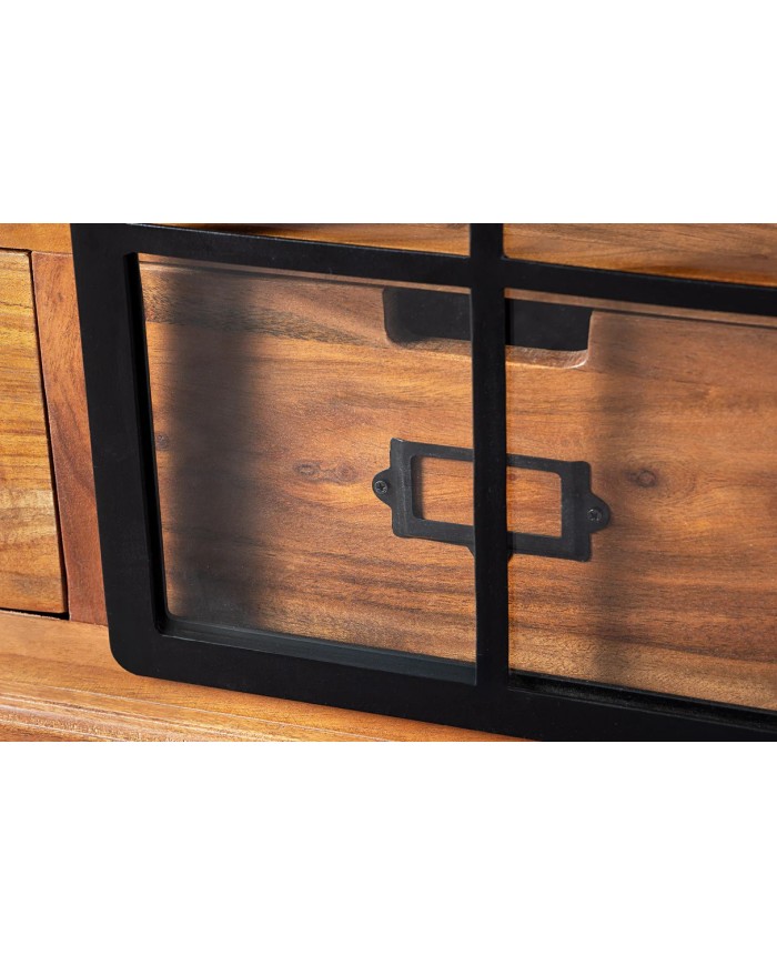 Meuble TV 2 tiroirs avec portes coulissantes métal noir et bois d'acacia marron 160 cm RUSTIKA