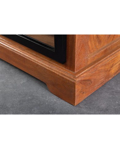 Meuble TV 2 tiroirs avec portes coulissantes métal noir et bois d'acacia marron 160 cm RUSTIKA