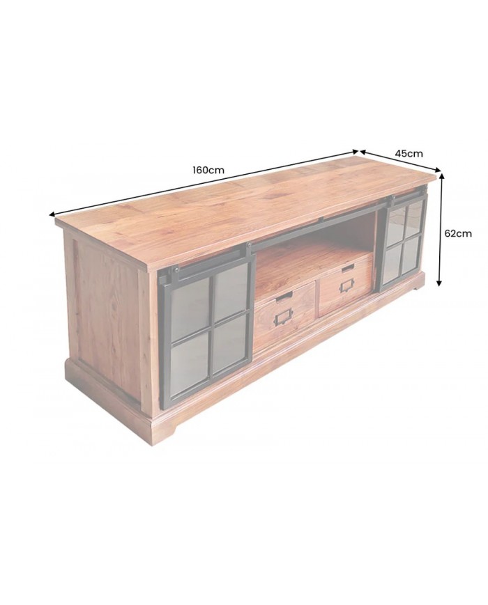 Meuble TV 2 tiroirs avec portes coulissantes métal noir et bois d'acacia marron 160 cm RUSTIKA