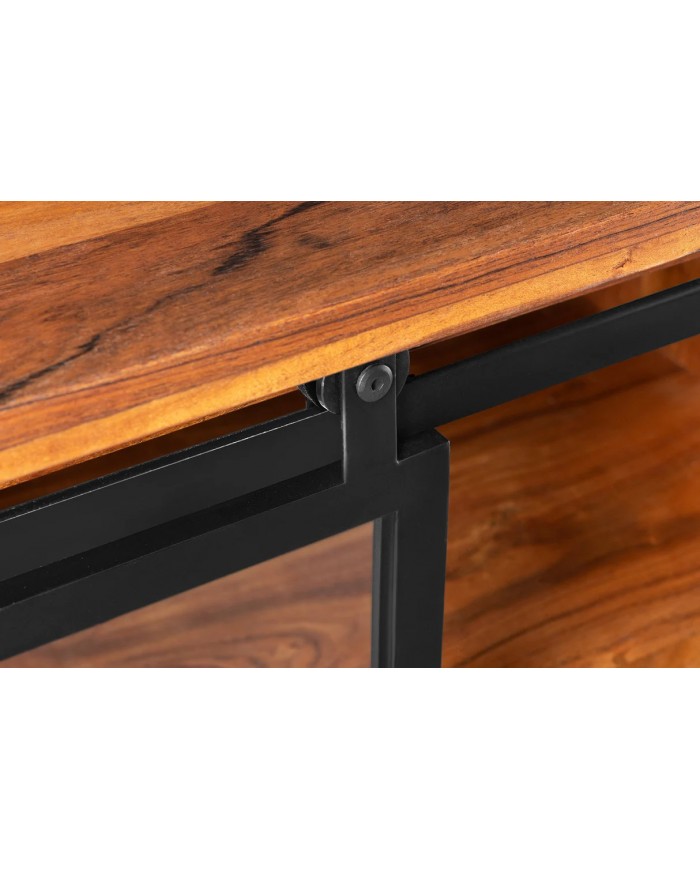 Meuble TV 2 tiroirs avec portes coulissantes métal noir et bois d'acacia marron 160 cm RUSTIKA
