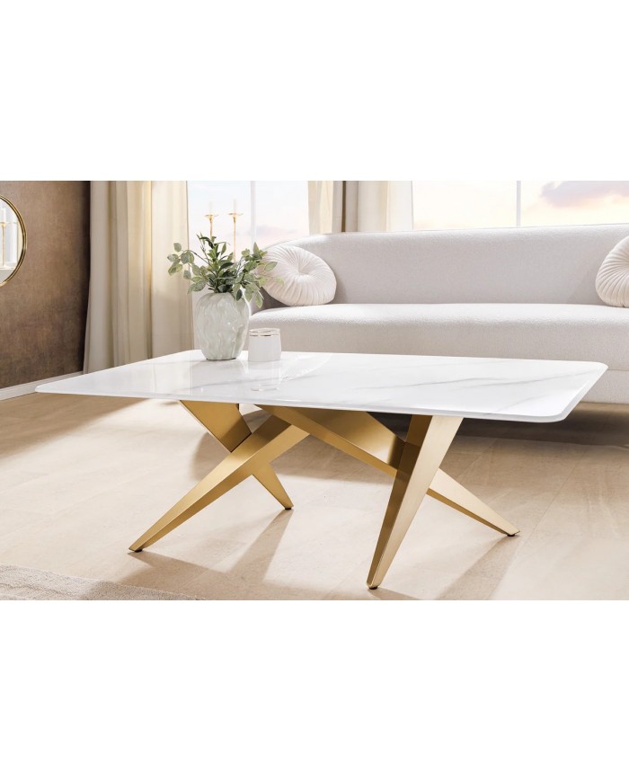 Table basse CELENIA – 130 cm en céramique effet marbre blanc & structure dorée champagne