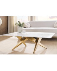 Table basse CELENIA – 130 cm en céramique effet marbre blanc & structure dorée champagne