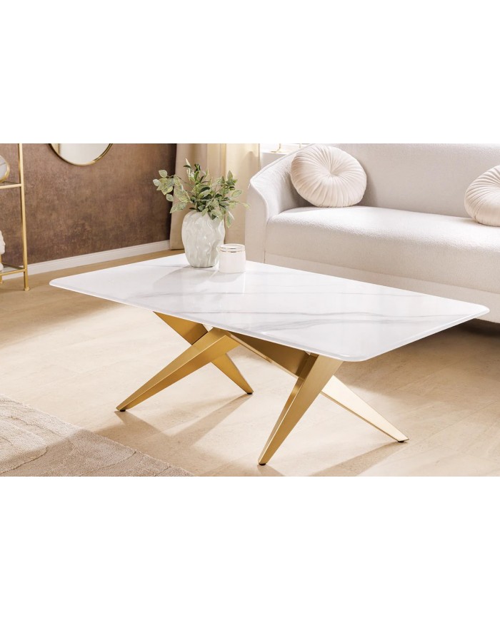 Table basse CELENIA – 130 cm en céramique effet marbre blanc & structure dorée champagne